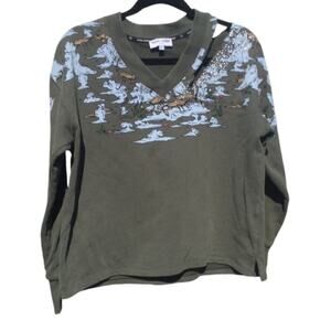 Opening Ceremony sweatshirt womens S olive green beaded Asian thrashed leisure
